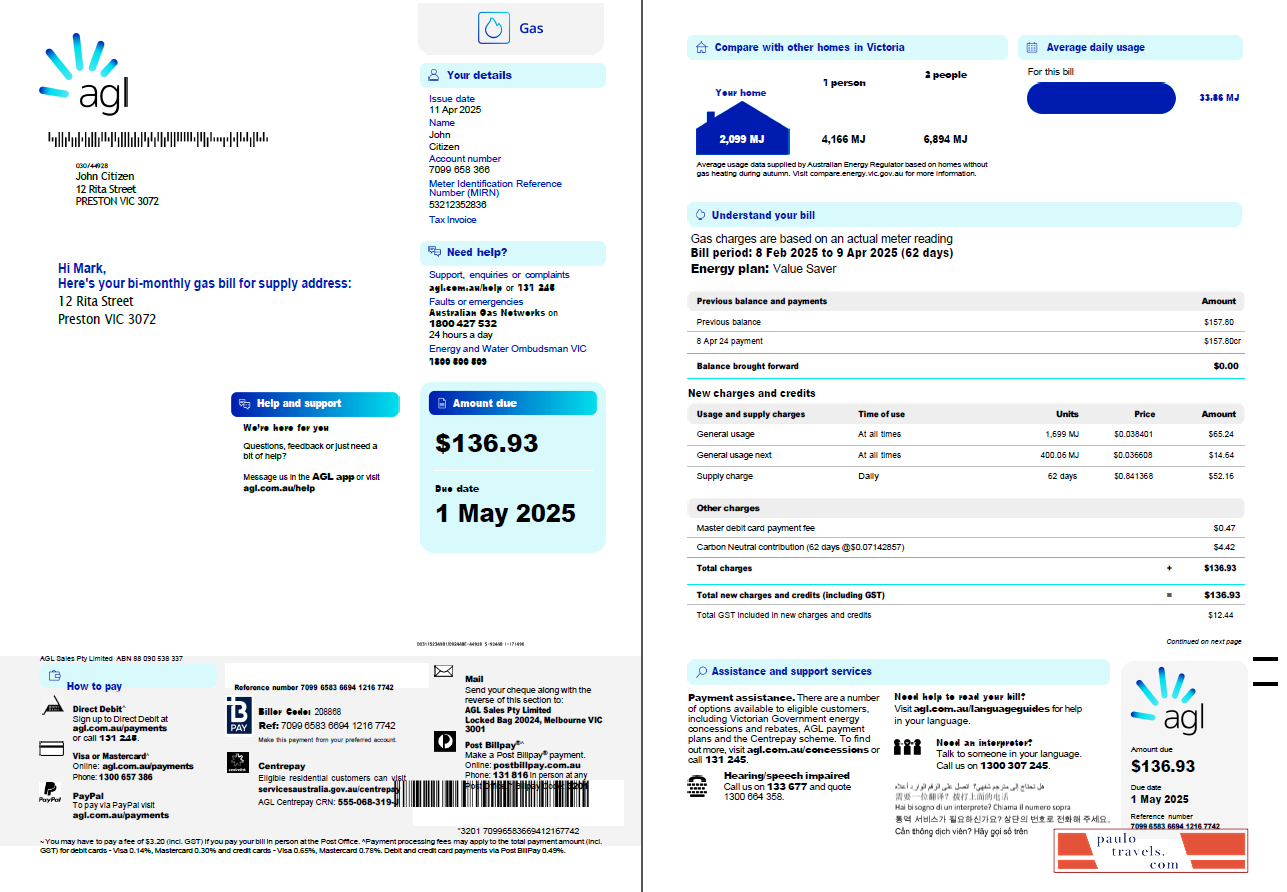 Australia AGL Gas utility bill template in Word and PDF formats, 3 pages, 1 2 page